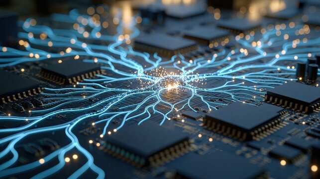Glowing Neural Network Connections Across Advanced Computer Circuit Board Technology