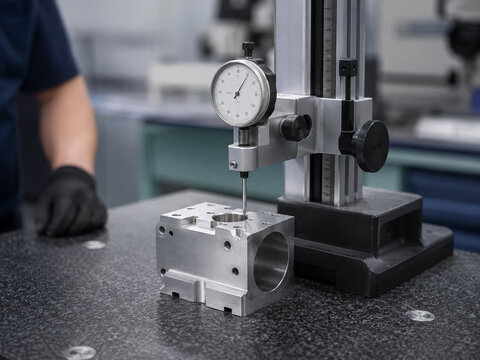 Dial indicator measuring machined aluminum component during precision quality inspection