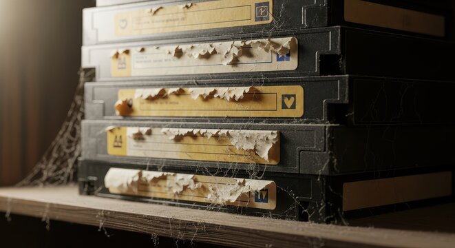Stack of Old Dusty VHS Video Cassette Tapes with Peeling Labels and Cobwebs in a Dark Attic