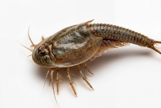 A side profile of a triops crustacean swimming on a plain white background for scientific study.