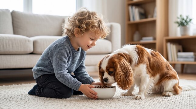 Young boy feeding his pet dog from a bowl while sitting on a soft rug in a bright cozy living room