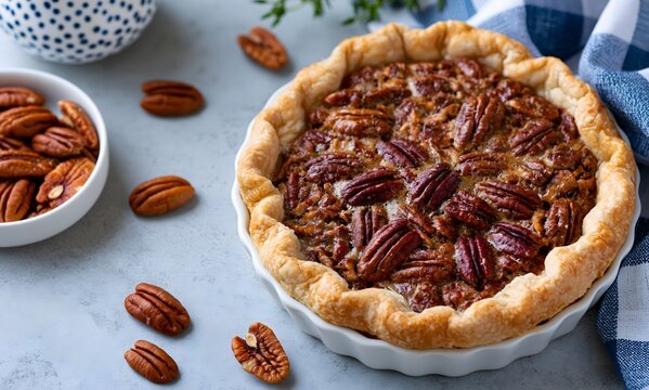 Pecan pie with pecans on a gray background