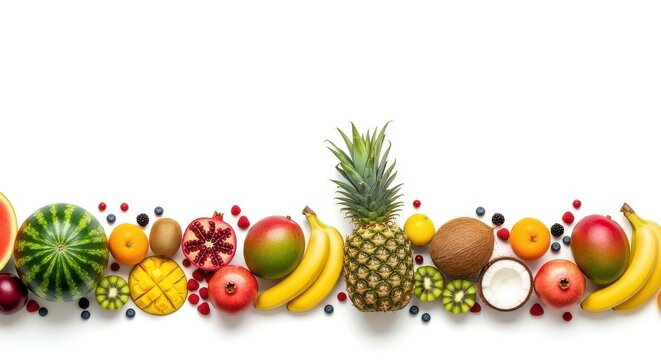 Assortment of Fresh Tropical and Seasonal Fruits Arranged in a Horizontal Line on a White Background