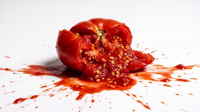 A smashed red tomato splattered on a white surface with visible seeds and vibrant juice textures.