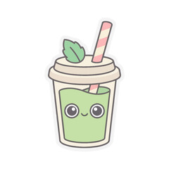 Cute Kawaii Matcha Drink with Straw and Mint Leaf, Cartoon Style © Milk
