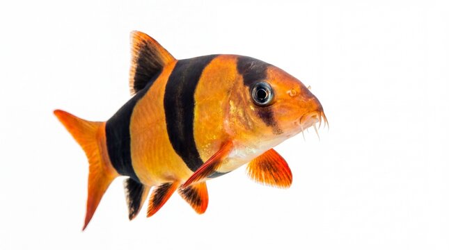 A vibrant clown loach fish with bold black and orange stripes swimming against a white backdrop.