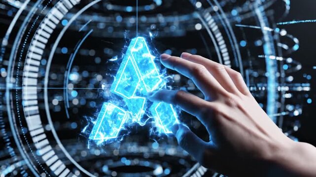 Hand touching glowing blue digital logo in futuristic dark space