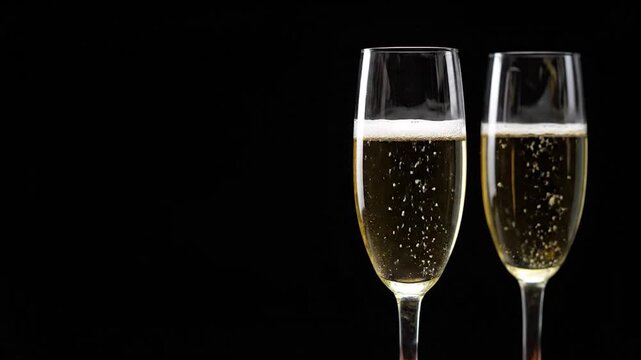 Two elegant champagne flutes filled with sparkling wine on black