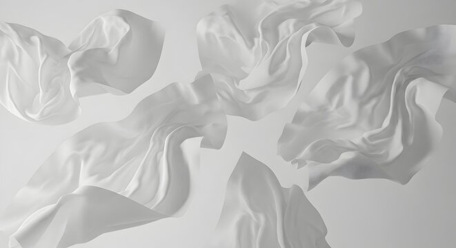 Abstract flowing white fabric with wavy folds on light background creating soft motion.