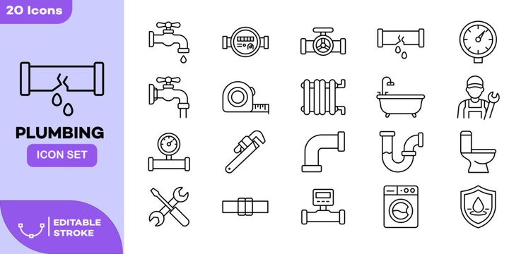 Plumbing Line Icon Set. Water System Repair Outline Symbol Collection with Faucet, Pipe, Valve, Meter, Radiator, Bathtub, Toilet, Wrench, Plumber and Washing Machine. 