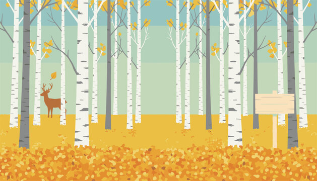 Autumn birch forest with yellow fallen leaves a deer and a blank wooden signpost