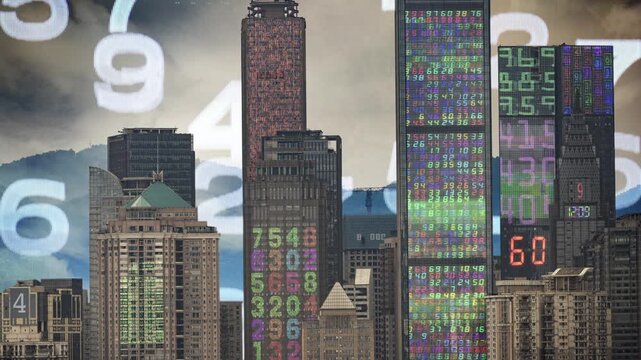 chongqing cyberpunk city with overlayed code and data on the buildings
