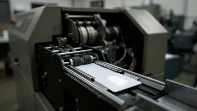 Side angle medium shot of a credit card embossing machine inserting a blank card for printing the card edges sharp and the machinery softly blurred to highlight action.