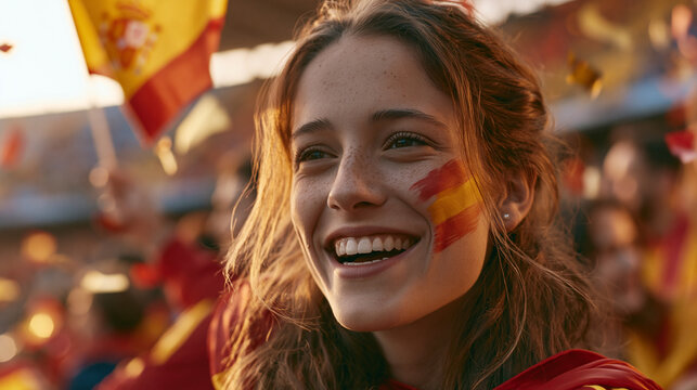 A cheerful young Spain football supporter cheers on her national team, proudly displaying the Spanish flag colors on her face 