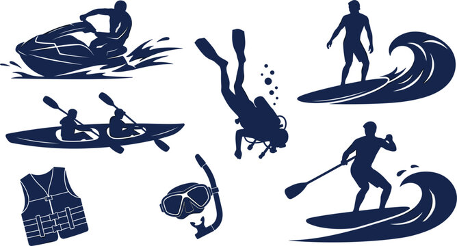 Dark blue solid silhouettes water sports and summer ocean recreation icon collection set isolated on white background for travel guide layouts extreme activities and nature vector illustrations