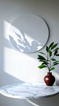 A small potted plant on a marble shelf with a round mirror on the wall