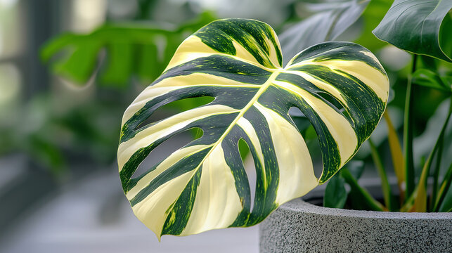 vibrant variegated monstera leaf in a modern grey concrete pot