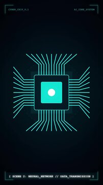 Abstract AI Chip Animation: Neural Network, Data Transmission, System Cooling, Restart