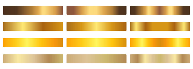 Gold gradient swatch set. Dark brown, amber, orange, yellow, champagne foil shades. Glossy horizontal bands, dark to light. For badge, label, ribbon, banner. Vector metallic texture palette. © YEVHENIIA