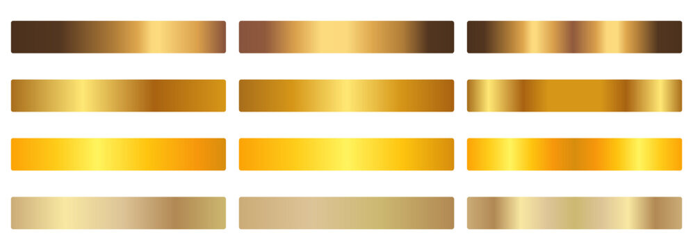 Gold gradient swatch set. Dark brown, amber, orange, yellow, champagne foil shades. Glossy horizontal bands, dark to light. For badge, label, ribbon, banner. Vector metallic texture palette.