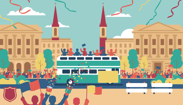 Cheering crowd celebrates a victory parade with a green double decker bus in the city