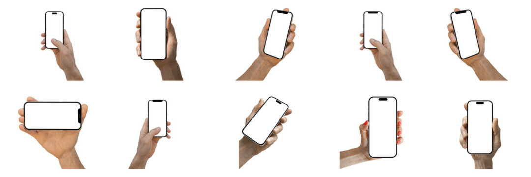 Set collection of phones in hand on transparent background
