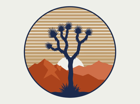 Joshua Tree National Park Desert Sunset Retro Circular Badge Graphic Illustration
