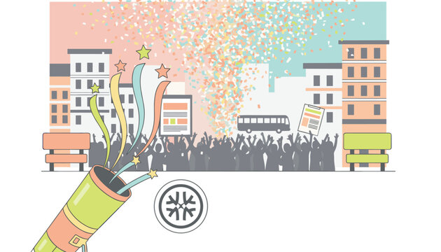 Confetti cannon shoots colorful confetti over a cheering crowd in a city square