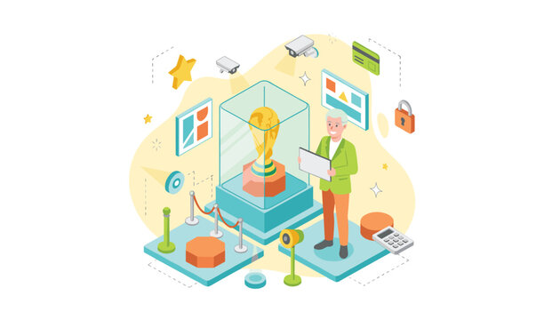 Curator inspects a golden trophy inside a glass display case in an isometric museum