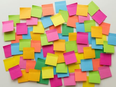 Many colorful sticky notes scattered in a messy pile for reminders and organization isolated on white background