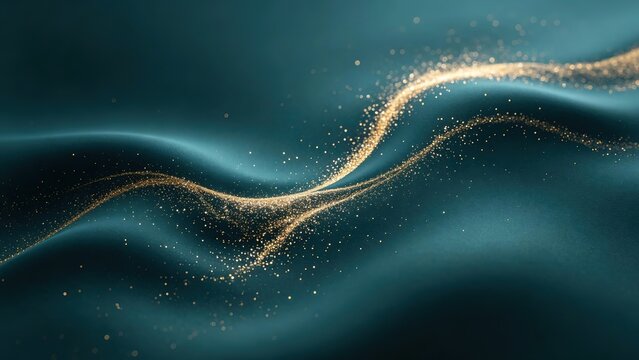 Deep teal satin silk fabric soft natural folds flowing curves, champagne gold sparkling particle dust drifting S-curve dynamic composition, luxury minimalist cosmetic advertising backdrop 3D render 8K