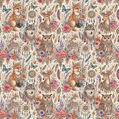Fototapeta premium Watercolor Woodland Animals with Dreamcatchers and Wildflowers Seamless Bohemian Pattern