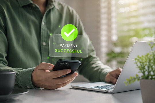 Payment successful transaction confirmation on transparent smartphone hologram interface

