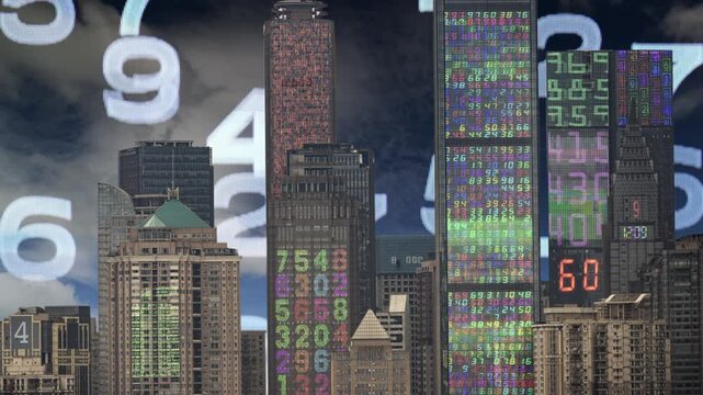 chongqing cyberpunk city with overlayed code and data on the buildings