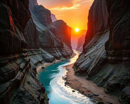 Canyon spectaculaire aux parois rouges et oranges avec une rivi&egrave;re turquoise en contrebas illumin&eacute; par un coucher de soleil incandescent, paysage de d&eacute;sert am&eacute;ricain grandiose