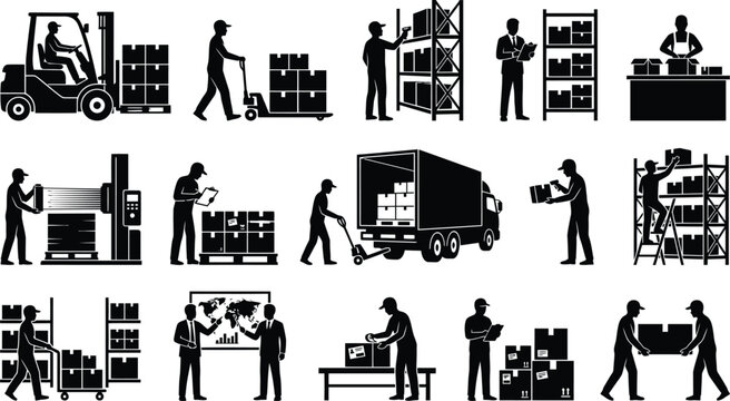 Premium black and white silhouette collection set logistics warehouse workers and shipping operations icons