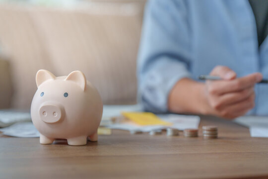 Savings and tax refund concept with piggy bank on table