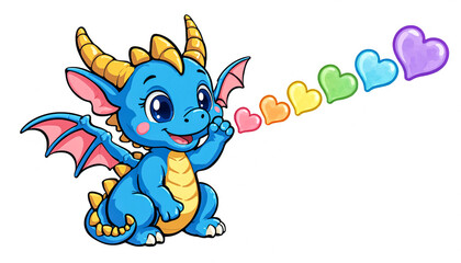 Fototapeta premium Cute Baby Dragon Blowing Rainbow Hearts Cartoon Vector Sticker Illustration
