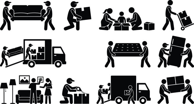 Premium black and white silhouette collection set moving and delivery service pictograms for commercial use
