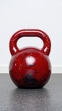 A red kettlebell with a distressed finish sits on a gray surface