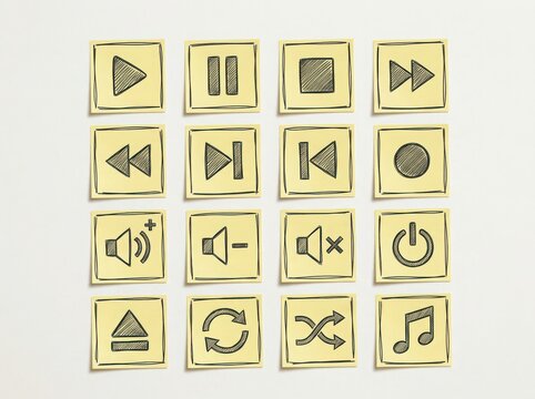 Hand drawn media player control icons set with play pause stop fast forward and volume buttons on square stickers isolated on white background