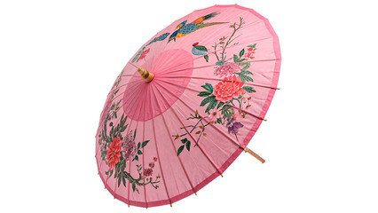 Beautiful pink oriental paper parasol umbrella sun protection accessory isolated on transparent background cut out © 1png-stock