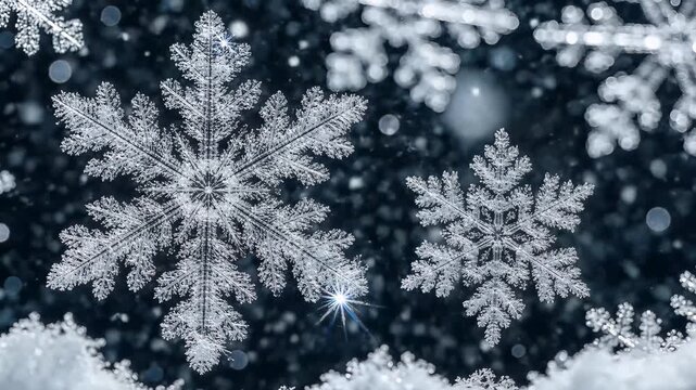 Intricate crystalline snowflake patterns on dark background macro photography