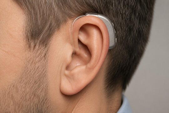 Man with a hearing aid behind the ear. Device for hearing loss correction and auditory support. Medical health technology for people with deafness and sensory impairment.