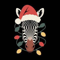 Obraz premium A zebra wearing a Santa hat is surrounded by colorful Christmas lights. The minimalist design contrasts with the black background.
