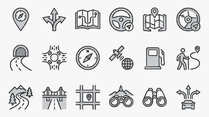 Fototapeta premium Creative Set of Minimalist Monochrome Icons Featuring Travel Navigation and Adventure Elements in Gray and White