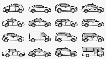 Creative Set of 16 Minimalist Line Drawn Vehicles Including Cars Taxis Vans and a Bus in Monochrome Shades © jaya