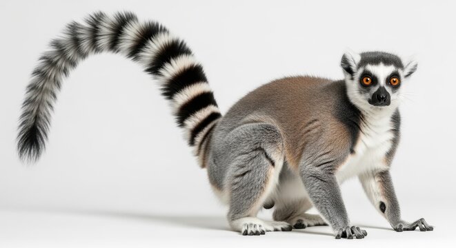 Full Body Portrait of a Ring-tailed Lemur (Lemur catta) Isolated on a Clean White Background