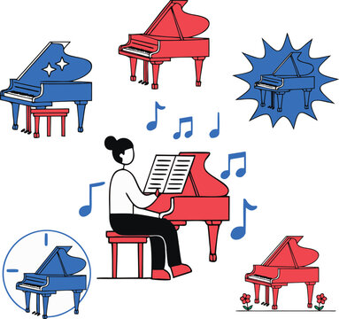 Grand Piano Icon Set &ndash; Music Instrument Collection, Piano Silhouette Icons Isolated on Transparent Background