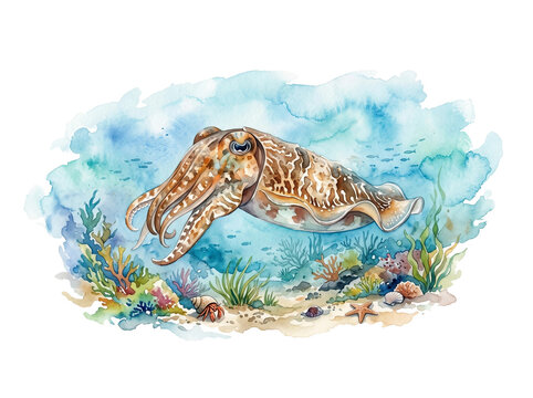 Detailed watercolor illustration of three majestic cuttlefish swimming gracefully through vibrant seaweed and colorful coral reefs while maintaining a soft artistic style presented as a high quality c